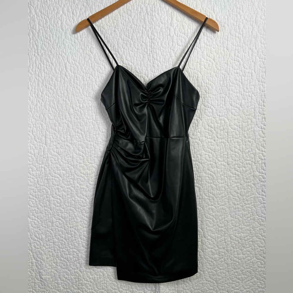 Zara Black Faux Leather Wrap Spaghetti Strap Mini Dress Women’s Small